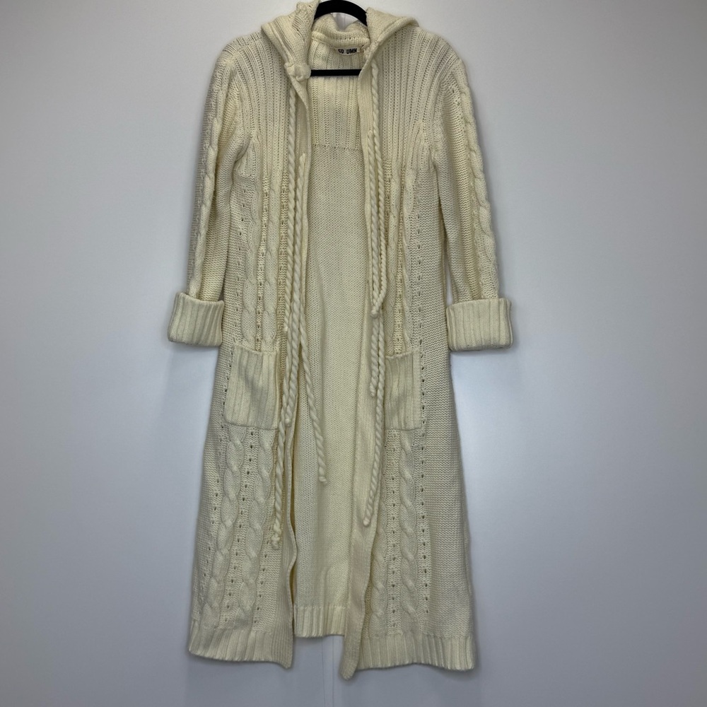 Vintage Co1umn Long Hooded Cable Knit Cream Cardigan Sweater - Picture 2 of 16